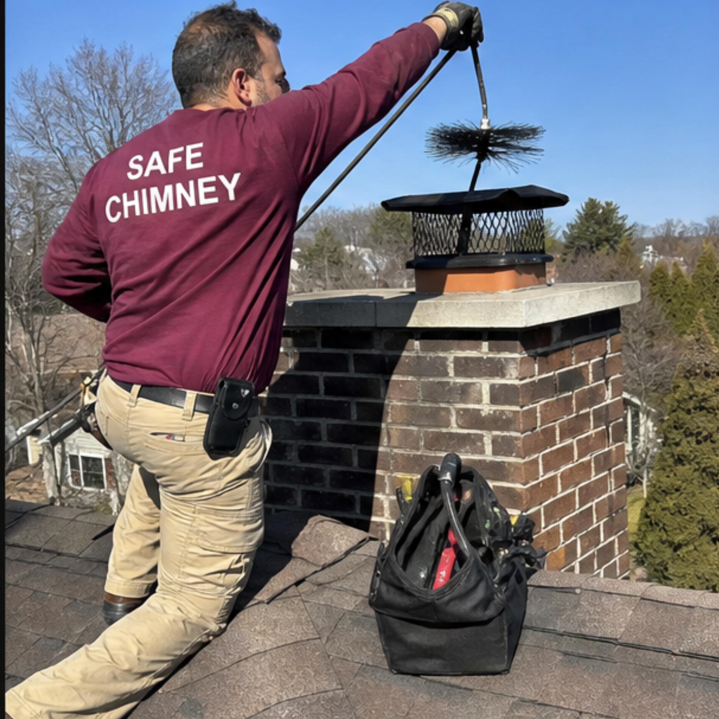 Technician sweeping a chimney on a rooftop