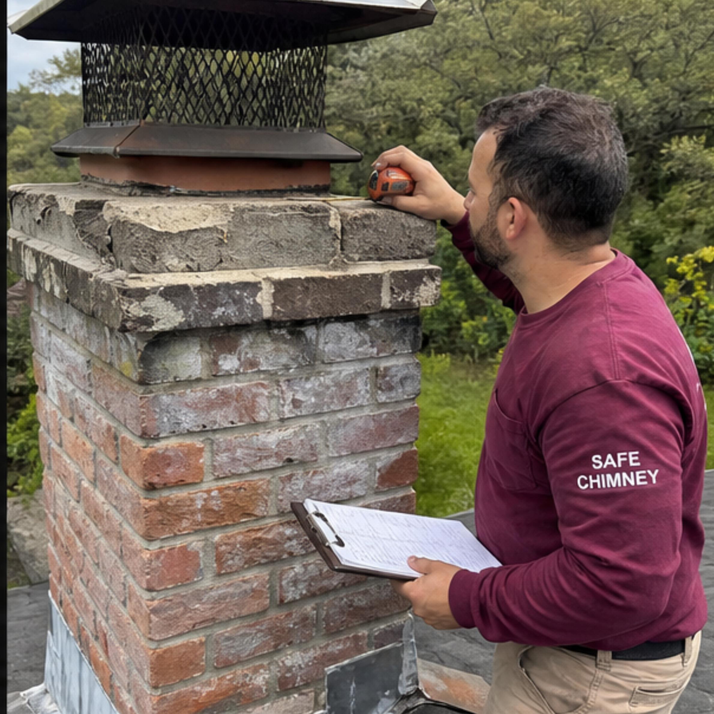 Safe Chimney mason performing chimney masonry repair on a rooftop