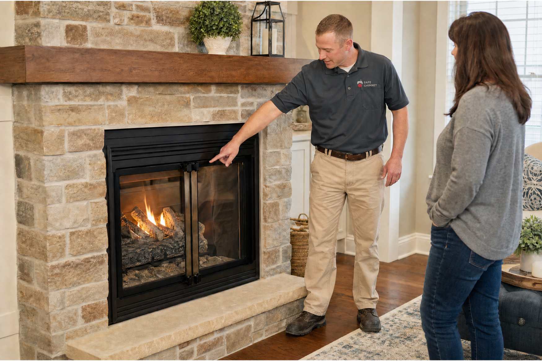 Safe Chimney sales technician walking a homeowner through a fireplace inspection